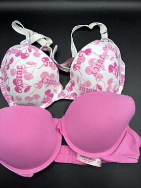 2 Juicy Couture Bra Sz 36B Pink & Juicy Pink Cherry Push Up
